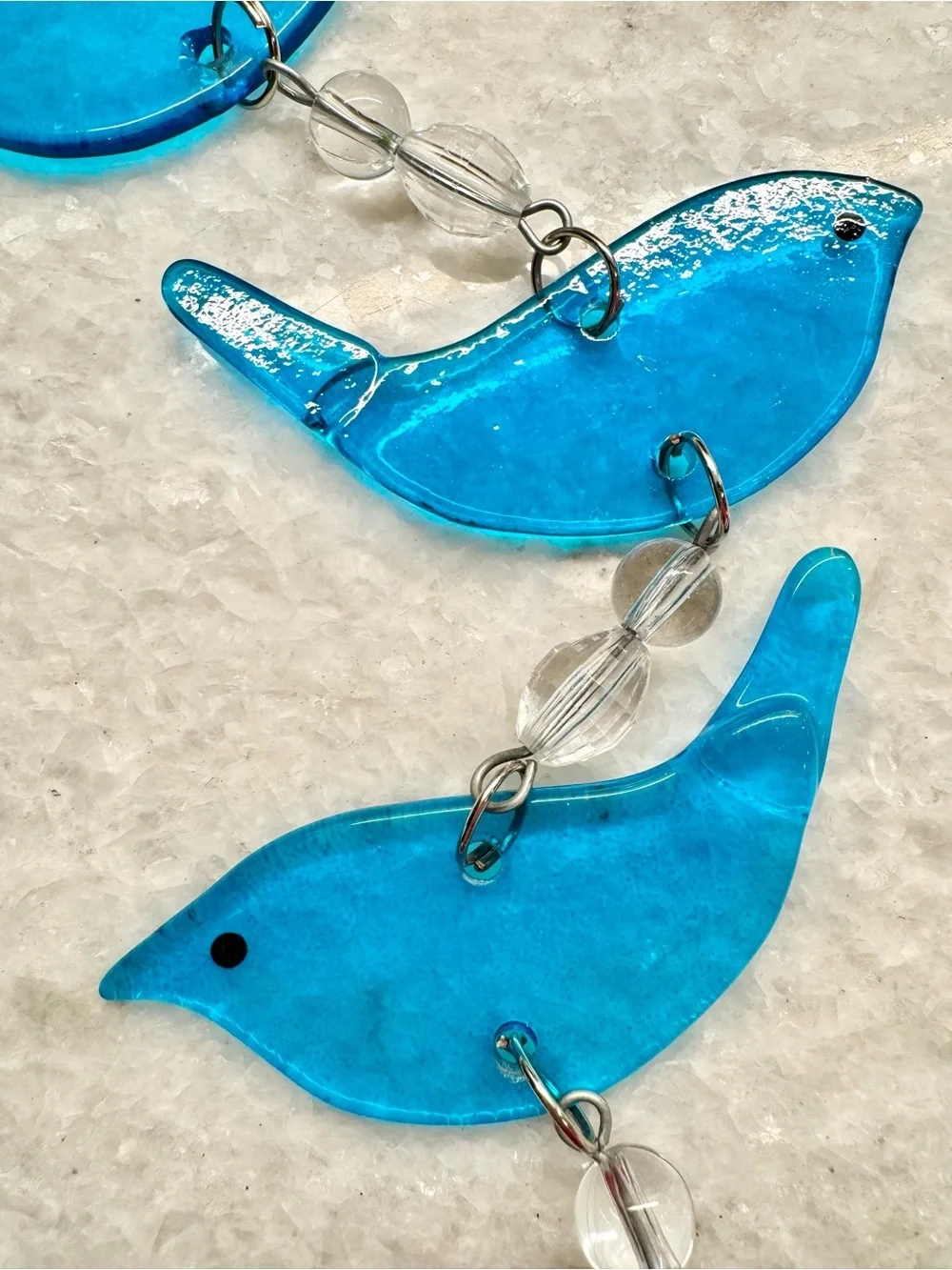 New Blue Glass Birds Suncatcher Wind Chime w/ Beads & Metal Bell - 17”